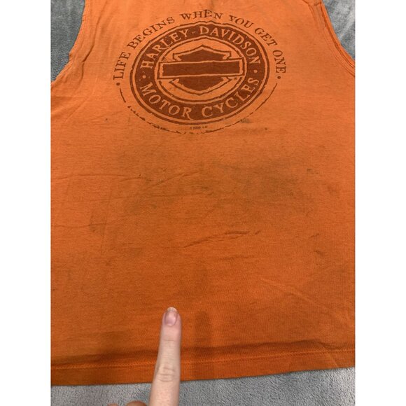 Harley-Davidson Orange Sleeveless Tee Men's Large "Life Begins When You Get One" - Picture 6 of 12